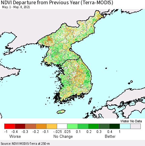 Korea NDVI Departure from Previous Year (Terra-MODIS) Thematic Map For 5/1/2021 - 5/8/2021