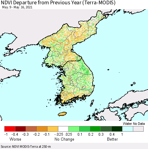 Korea NDVI Departure from Previous Year (Terra-MODIS) Thematic Map For 5/9/2021 - 5/16/2021