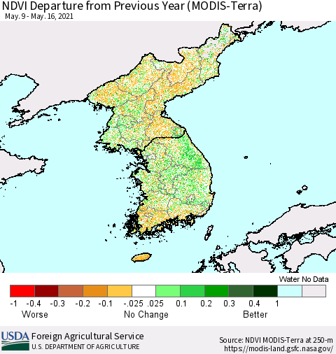 Korea NDVI Departure from Previous Year (Terra-MODIS) Thematic Map For 5/11/2021 - 5/20/2021