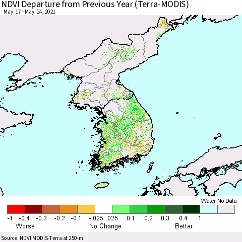 Korea NDVI Departure from Previous Year (Terra-MODIS) Thematic Map For 5/17/2021 - 5/24/2021