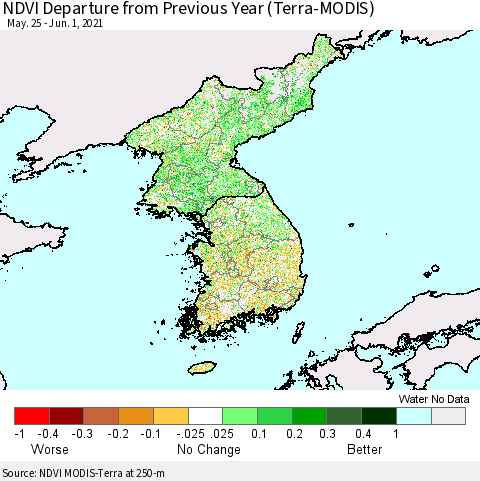 Korea NDVI Departure from Previous Year (Terra-MODIS) Thematic Map For 5/25/2021 - 6/1/2021