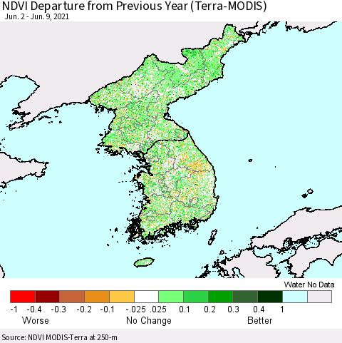 Korea NDVI Departure from Previous Year (Terra-MODIS) Thematic Map For 6/2/2021 - 6/9/2021