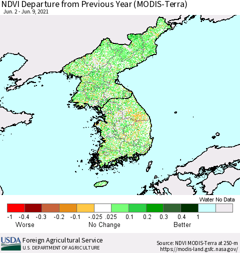 Korea NDVI Departure from Previous Year (Terra-MODIS) Thematic Map For 6/1/2021 - 6/10/2021
