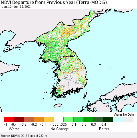 Korea NDVI Departure from Previous Year (Terra-MODIS) Thematic Map For 6/10/2021 - 6/17/2021
