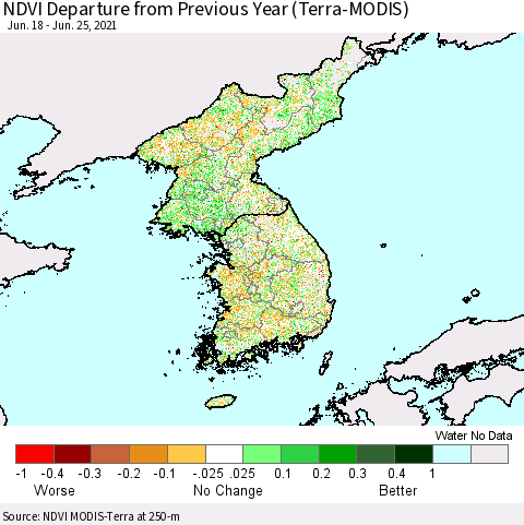Korea NDVI Departure from Previous Year (Terra-MODIS) Thematic Map For 6/18/2021 - 6/25/2021