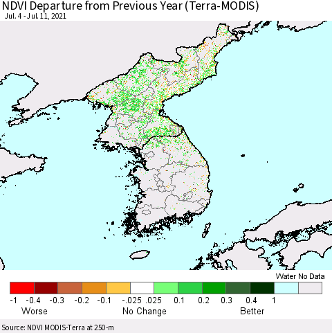 Korea NDVI Departure from Previous Year (Terra-MODIS) Thematic Map For 7/4/2021 - 7/11/2021
