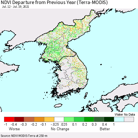 Korea NDVI Departure from Previous Year (Terra-MODIS) Thematic Map For 7/12/2021 - 7/19/2021