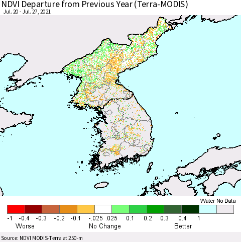 Korea NDVI Departure from Previous Year (Terra-MODIS) Thematic Map For 7/20/2021 - 7/27/2021