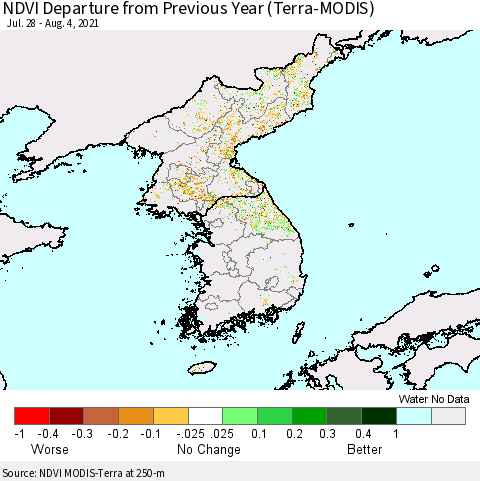 Korea NDVI Departure from Previous Year (Terra-MODIS) Thematic Map For 7/28/2021 - 8/4/2021