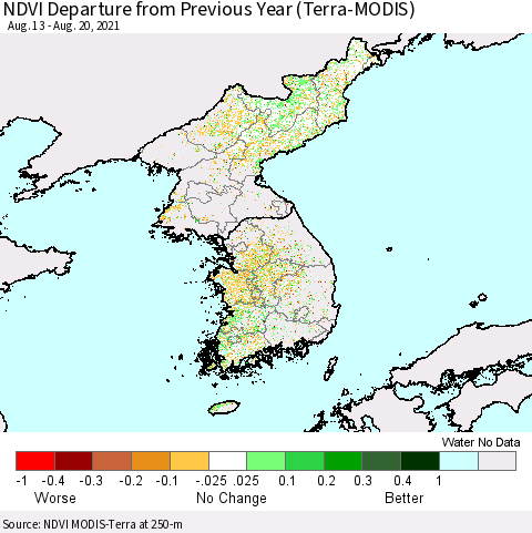 Korea NDVI Departure from Previous Year (Terra-MODIS) Thematic Map For 8/11/2021 - 8/20/2021