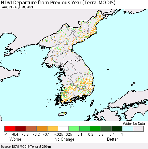 Korea NDVI Departure from Previous Year (Terra-MODIS) Thematic Map For 8/21/2021 - 8/28/2021