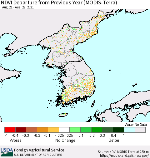 Korea NDVI Departure from Previous Year (Terra-MODIS) Thematic Map For 8/21/2021 - 8/31/2021