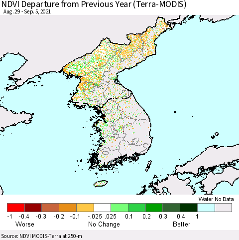 Korea NDVI Departure from Previous Year (Terra-MODIS) Thematic Map For 8/29/2021 - 9/5/2021