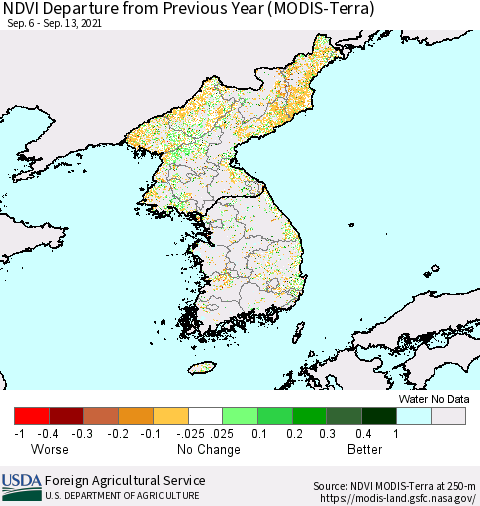 Korea NDVI Departure from Previous Year (Terra-MODIS) Thematic Map For 9/11/2021 - 9/20/2021