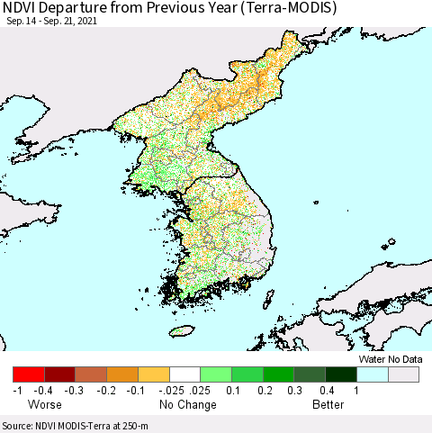 Korea NDVI Departure from Previous Year (Terra-MODIS) Thematic Map For 9/14/2021 - 9/21/2021