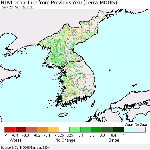 Korea NDVI Departure from Previous Year (Terra-MODIS) Thematic Map For 9/22/2021 - 9/29/2021