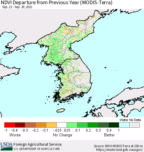 Korea NDVI Departure from Previous Year (Terra-MODIS) Thematic Map For 9/21/2021 - 9/30/2021