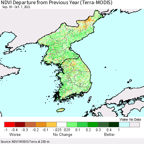 Korea NDVI Departure from Previous Year (Terra-MODIS) Thematic Map For 9/30/2021 - 10/7/2021