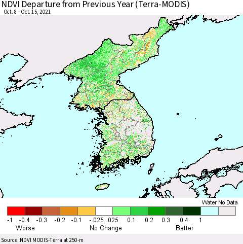 Korea NDVI Departure from Previous Year (Terra-MODIS) Thematic Map For 10/8/2021 - 10/15/2021