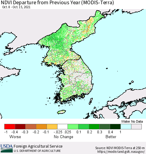 Korea NDVI Departure from Previous Year (Terra-MODIS) Thematic Map For 10/11/2021 - 10/20/2021