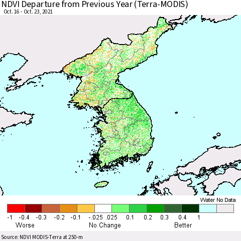 Korea NDVI Departure from Previous Year (Terra-MODIS) Thematic Map For 10/16/2021 - 10/23/2021