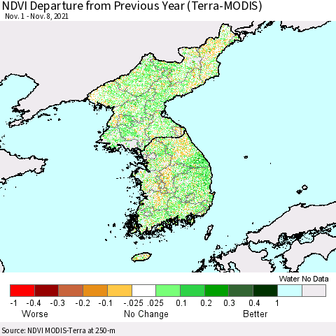 Korea NDVI Departure from Previous Year (Terra-MODIS) Thematic Map For 11/1/2021 - 11/8/2021