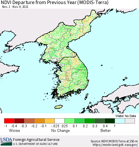 Korea NDVI Departure from Previous Year (Terra-MODIS) Thematic Map For 11/1/2021 - 11/10/2021