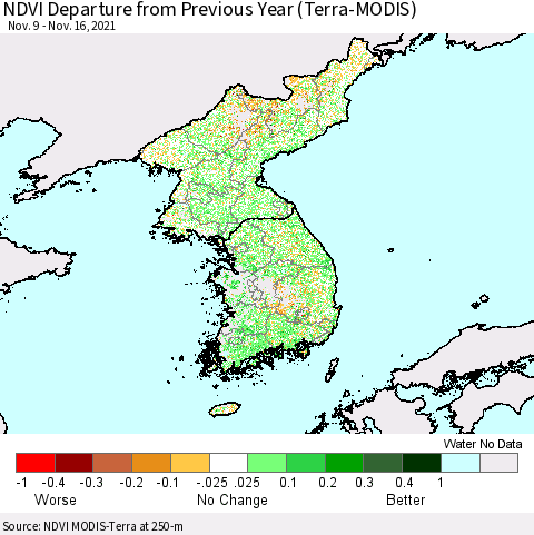 Korea NDVI Departure from Previous Year (Terra-MODIS) Thematic Map For 11/9/2021 - 11/16/2021