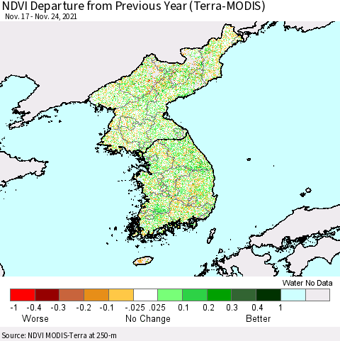 Korea NDVI Departure from Previous Year (Terra-MODIS) Thematic Map For 11/17/2021 - 11/24/2021