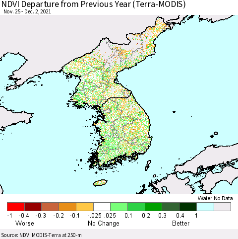Korea NDVI Departure from Previous Year (Terra-MODIS) Thematic Map For 11/25/2021 - 12/2/2021