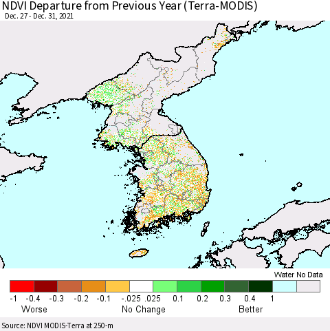 Korea NDVI Departure from Previous Year (Terra-MODIS) Thematic Map For 12/26/2021 - 1/2/2022