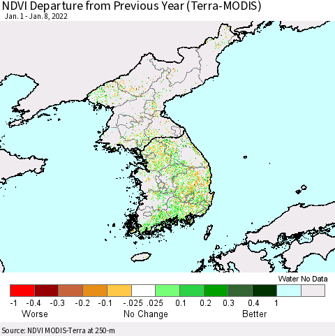 Korea NDVI Departure from Previous Year (Terra-MODIS) Thematic Map For 1/1/2022 - 1/8/2022