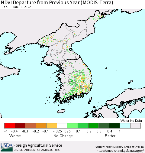 Korea NDVI Departure from Previous Year (Terra-MODIS) Thematic Map For 1/11/2022 - 1/20/2022