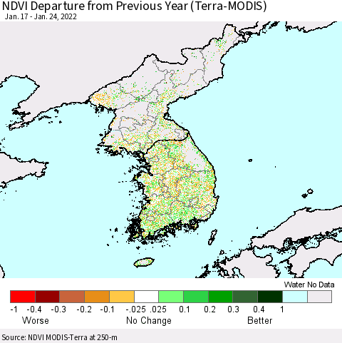Korea NDVI Departure from Previous Year (Terra-MODIS) Thematic Map For 1/17/2022 - 1/24/2022