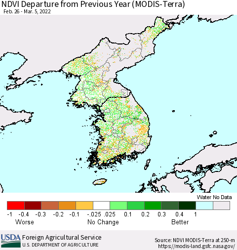 Korea NDVI Departure from Previous Year (Terra-MODIS) Thematic Map For 3/1/2022 - 3/10/2022
