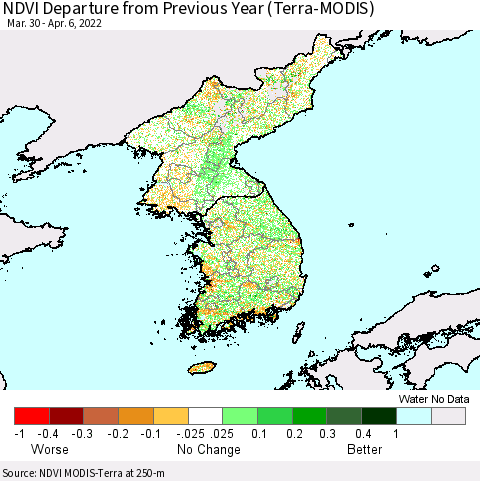 Korea NDVI Departure from Previous Year (Terra-MODIS) Thematic Map For 3/30/2022 - 4/6/2022