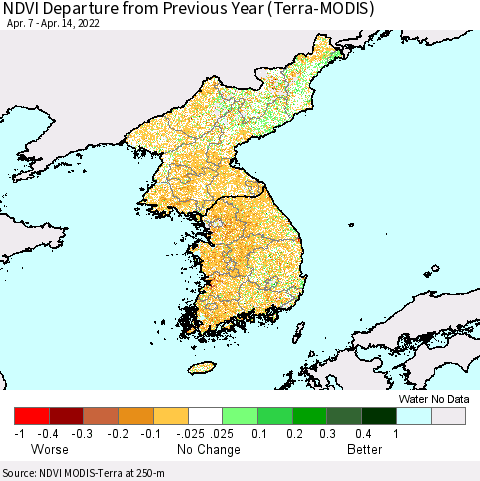 Korea NDVI Departure from Previous Year (Terra-MODIS) Thematic Map For 4/7/2022 - 4/14/2022