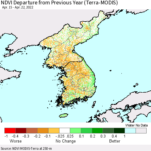 Korea NDVI Departure from Previous Year (Terra-MODIS) Thematic Map For 4/15/2022 - 4/22/2022