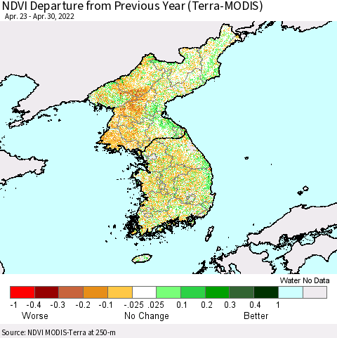 Korea NDVI Departure from Previous Year (Terra-MODIS) Thematic Map For 4/21/2022 - 4/30/2022