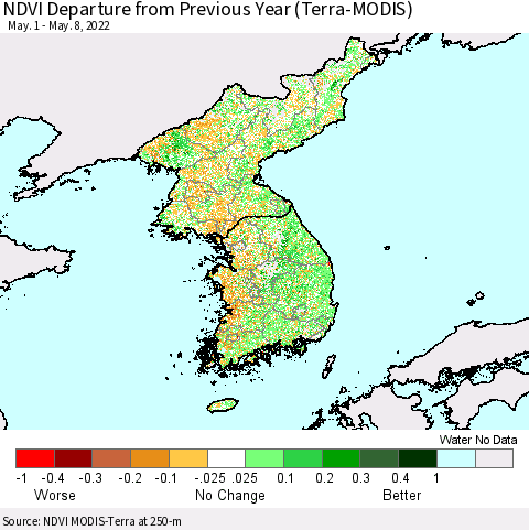Korea NDVI Departure from Previous Year (Terra-MODIS) Thematic Map For 5/1/2022 - 5/8/2022