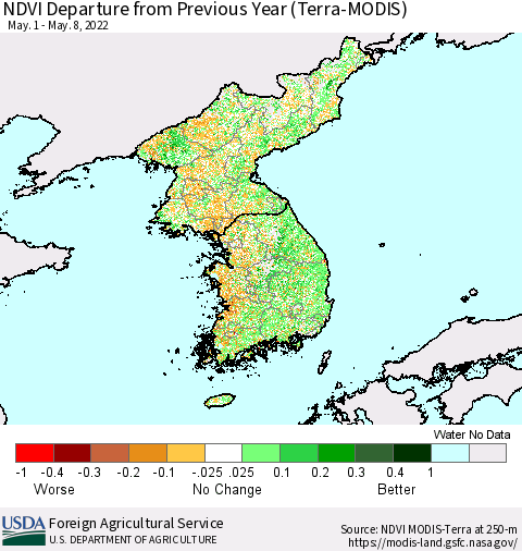 Korea NDVI Departure from Previous Year (Terra-MODIS) Thematic Map For 5/1/2022 - 5/10/2022