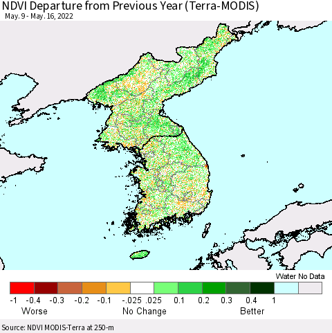 Korea NDVI Departure from Previous Year (Terra-MODIS) Thematic Map For 5/9/2022 - 5/16/2022