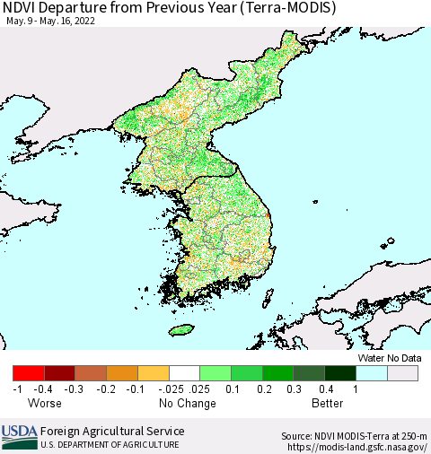 Korea NDVI Departure from Previous Year (Terra-MODIS) Thematic Map For 5/11/2022 - 5/20/2022