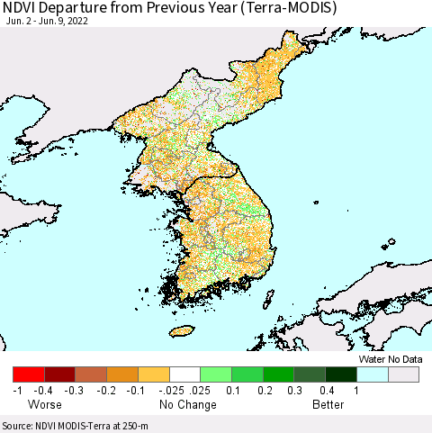 Korea NDVI Departure from Previous Year (Terra-MODIS) Thematic Map For 6/2/2022 - 6/9/2022