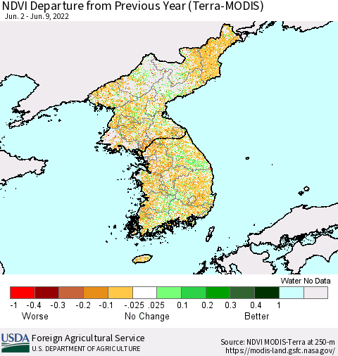 Korea NDVI Departure from Previous Year (Terra-MODIS) Thematic Map For 6/1/2022 - 6/10/2022