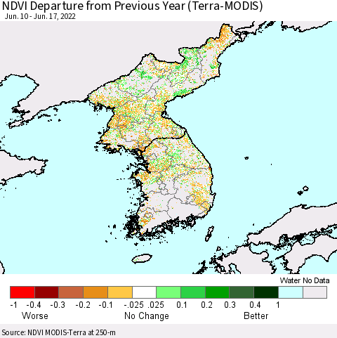 Korea NDVI Departure from Previous Year (Terra-MODIS) Thematic Map For 6/10/2022 - 6/17/2022