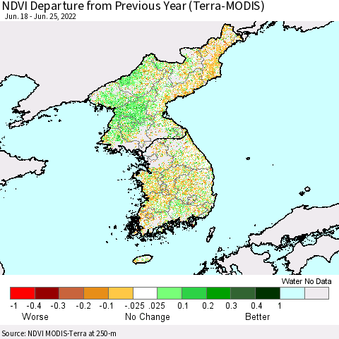 Korea NDVI Departure from Previous Year (Terra-MODIS) Thematic Map For 6/18/2022 - 6/25/2022