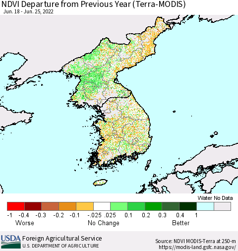 Korea NDVI Departure from Previous Year (Terra-MODIS) Thematic Map For 6/21/2022 - 6/30/2022