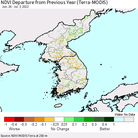 Korea NDVI Departure from Previous Year (Terra-MODIS) Thematic Map For 6/26/2022 - 7/3/2022