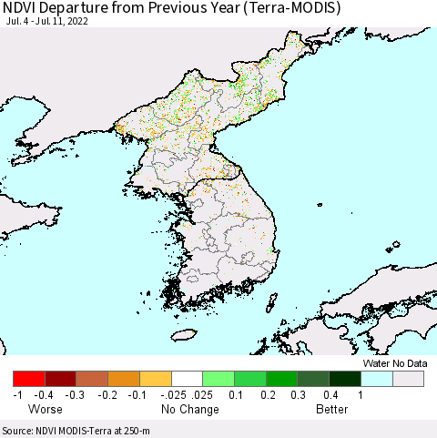 Korea NDVI Departure from Previous Year (Terra-MODIS) Thematic Map For 7/4/2022 - 7/11/2022